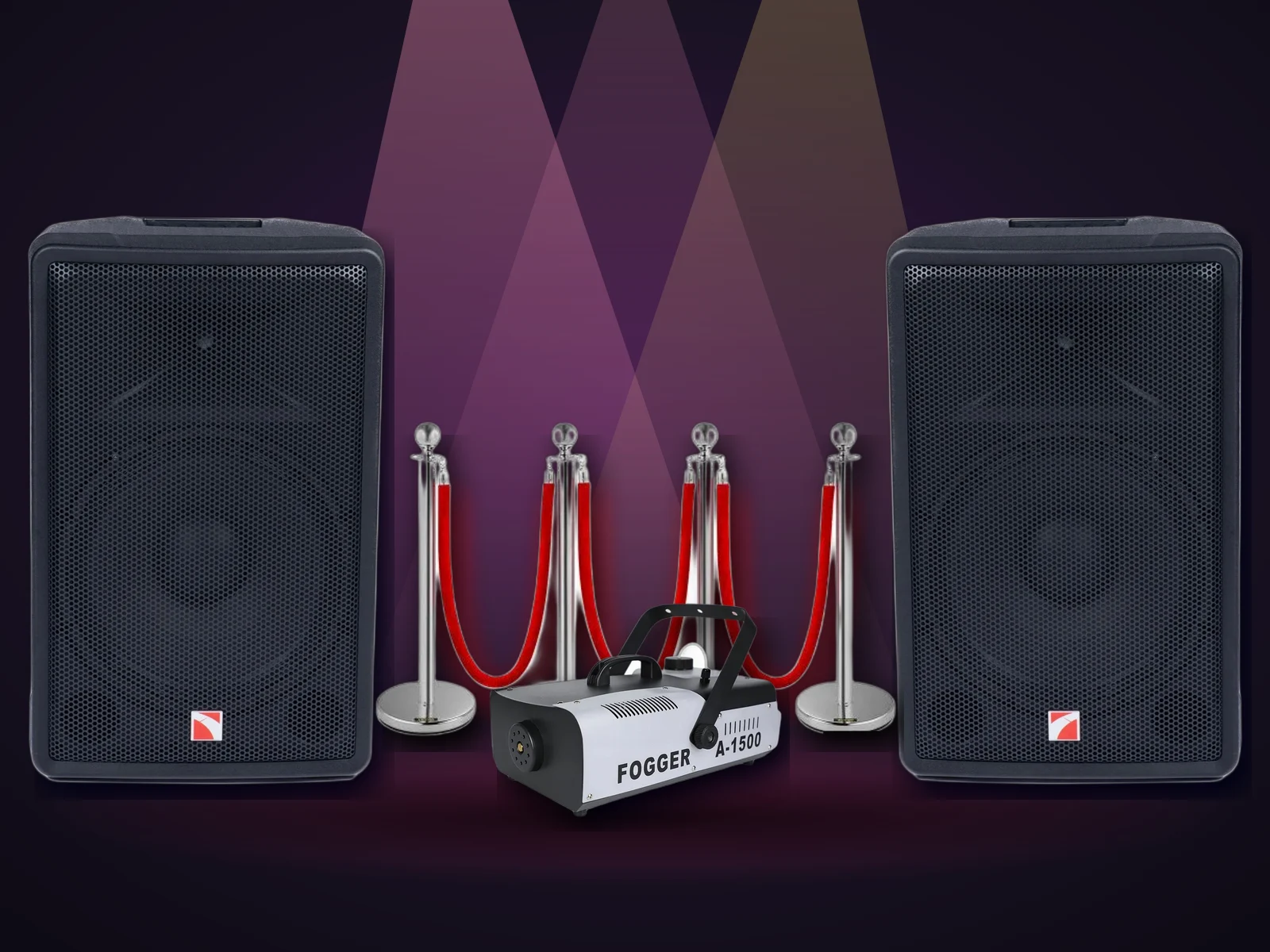 Speakers, stanchions and a smoke machine under stage lights