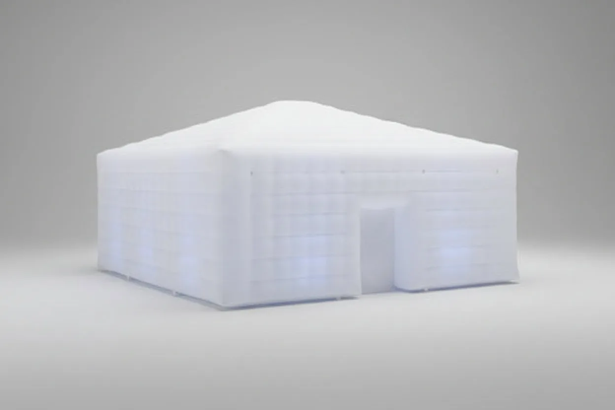 An inflatable nightclub tent lit from within